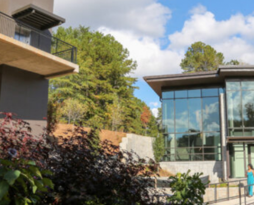 The new Botanical Garden entranceway (left) and the Alice Hand Callaway Visitor Center & Conservatory (right)